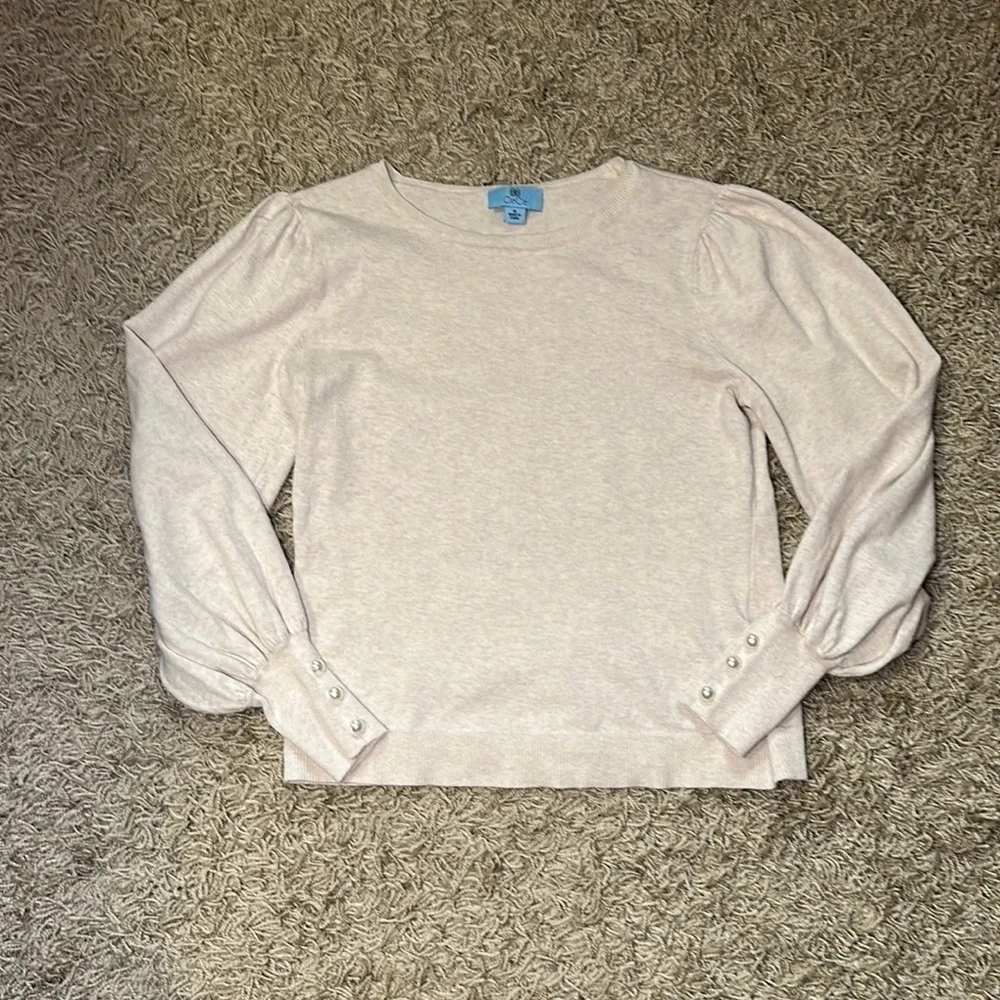 Cece Women's Cream Long Puffy Sleeve with Pearl Buttons Sweater Blouse‎